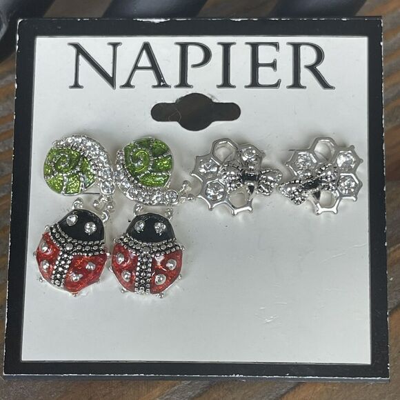 NWT Napier 3 Pair Stud Earrings Set Bumble Bee Ladybug Snail Silver Tone Enamel - Picture 2 of 5